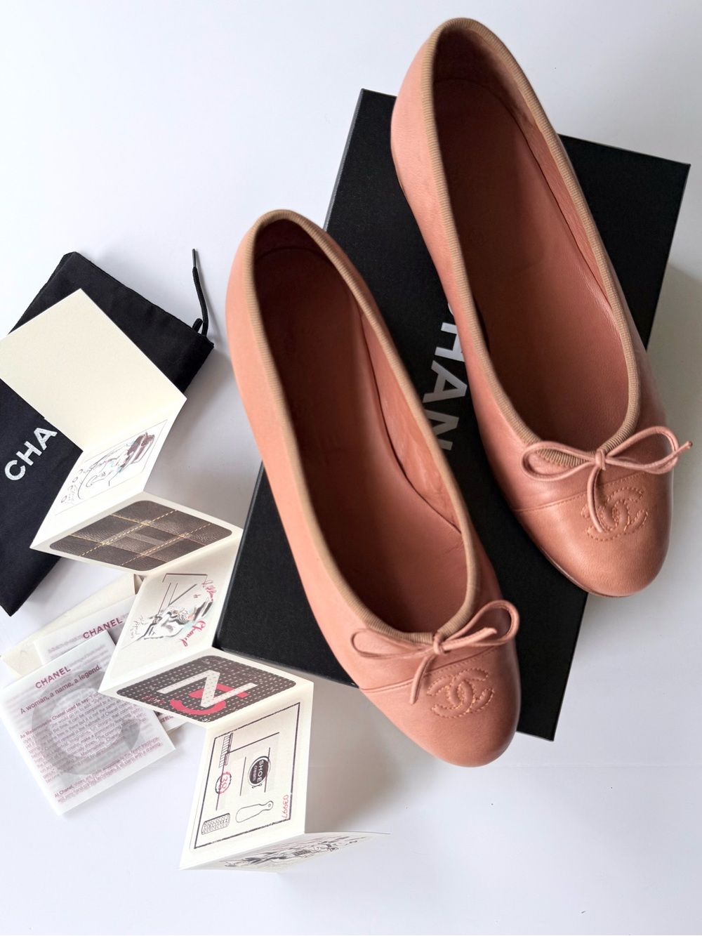 CHANEL Leather CC Cap Toe Ballet Flats with Bow in Orange / Tan Lambskin 38